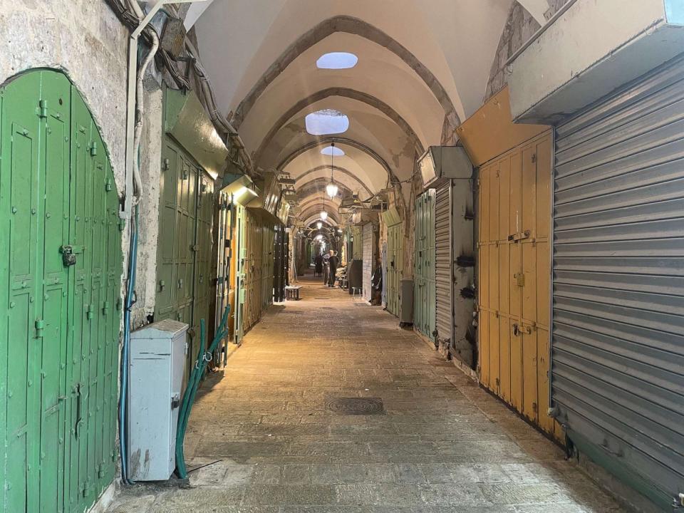 PHOTO: Shop doors are closed in a market in Jerusalem’s Old City, which has quiet amid the fighting between Israel and Hamas, in a photo taken on Sunday, Oct. 15, 2023. (Guy Davies/ABC News)