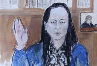 Drawn from a video feed from the defendant's attorneys office in Canada, Wanzhou Meng is sworn in before Judge Ann Donnelly, inset at right, during the proceeding in Brooklyn federal court, Friday, Sept. 24, 2021, in New York. The top executive of Chinese communications giant Huawei Technologies has resolved criminal charges against her as part of a deal with the U.S. Justice Department that could pave the way for her to return to China and that concludes a case that roiled relations between Washington and Beijing. (AP Photo/Elizabeth Williams)