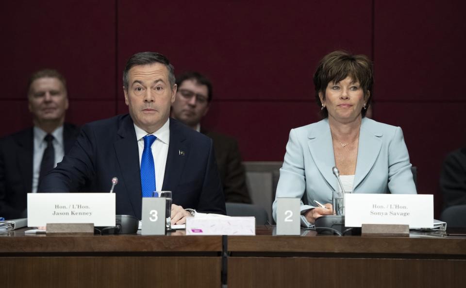Alberta Premier Jason Kenney and Minister of Energy for Alberta Sonya Savage, right, prepare to appear at the Standing Senate Committee on Energy, the Environment and Natural Resources about Bill C-69 at the Senate of Canada Building on Parliament Hill in Ottawa on Thursday, May 2, 2019.