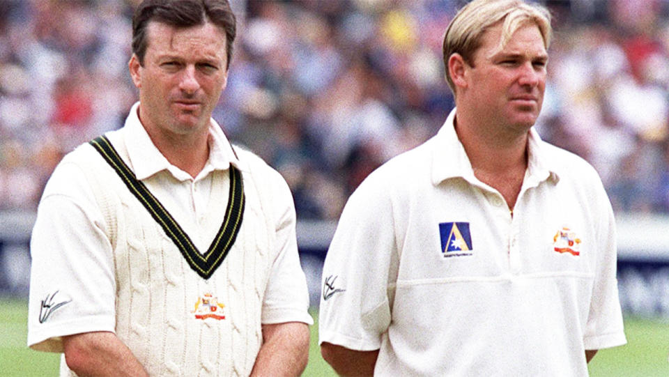 Shane Warne (pictured right) and Steve Waugh (pictured left) before a Test match.