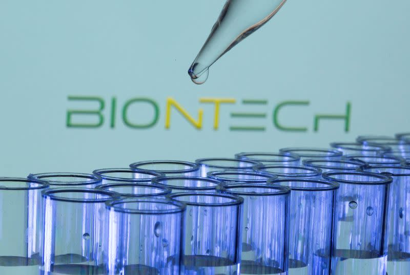 FILE PHOTO: Test tubes are seen in front of a displayed Biontech logo in this illustration