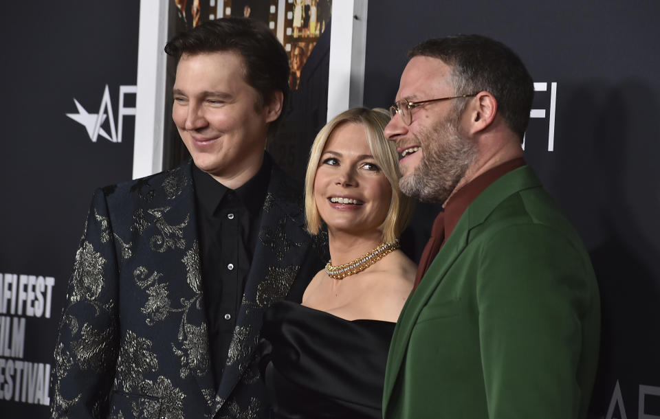 Paul Dano, from left, Michelle Williams and Seth Rogen arrive at the premiere of "The Fabelmans" as part of AFI Fest, Sunday, Nov. 6, 2022, in Los Angeles. (Photo by Jordan Strauss/Invision/AP)