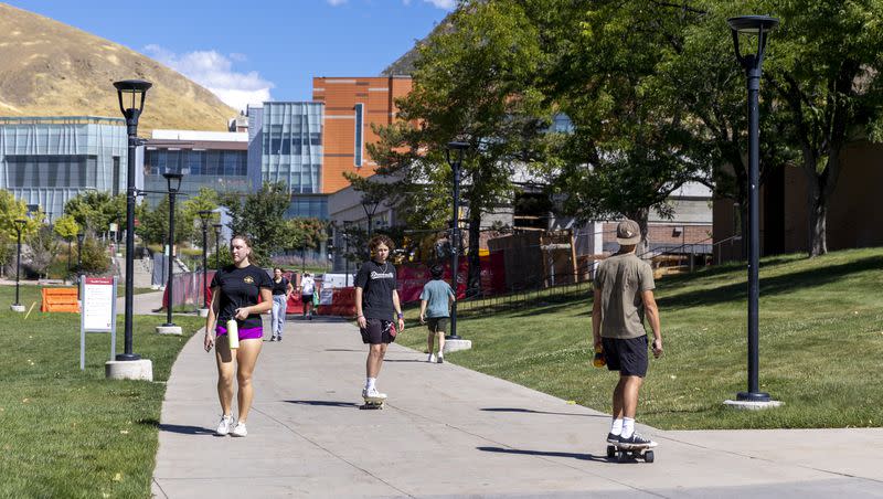 Campusgoers move about on the University of Utah campus in Salt Lake City on Sept. 18, 2022.