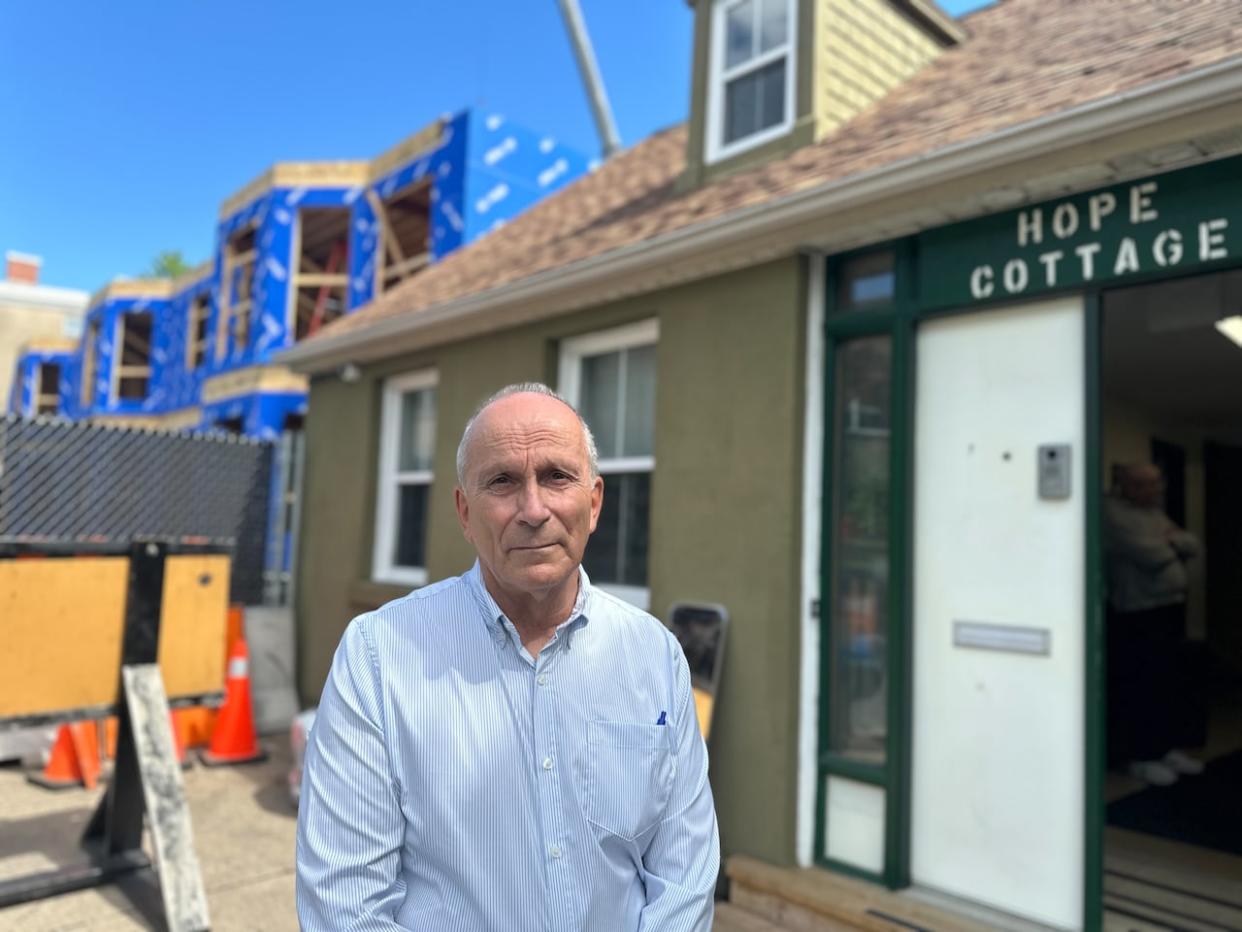 Ray Burke is president of the Halifax Particular Council of the Society of Saint Vincent de Paul, which owns the land where Ozanam Place is being constructed on Brunswick Street.  (Luke Ettinger/CBC - image credit)