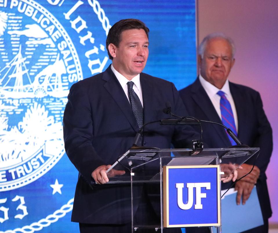 Florida governor Ron DeSantis congratulates everyone at the University of Florida for the university reaching the Top 5 of universities in the country, during a ceremony at Alumni Hall on the UF campus in Gainesville, Fla. Sept. 13, 2021.