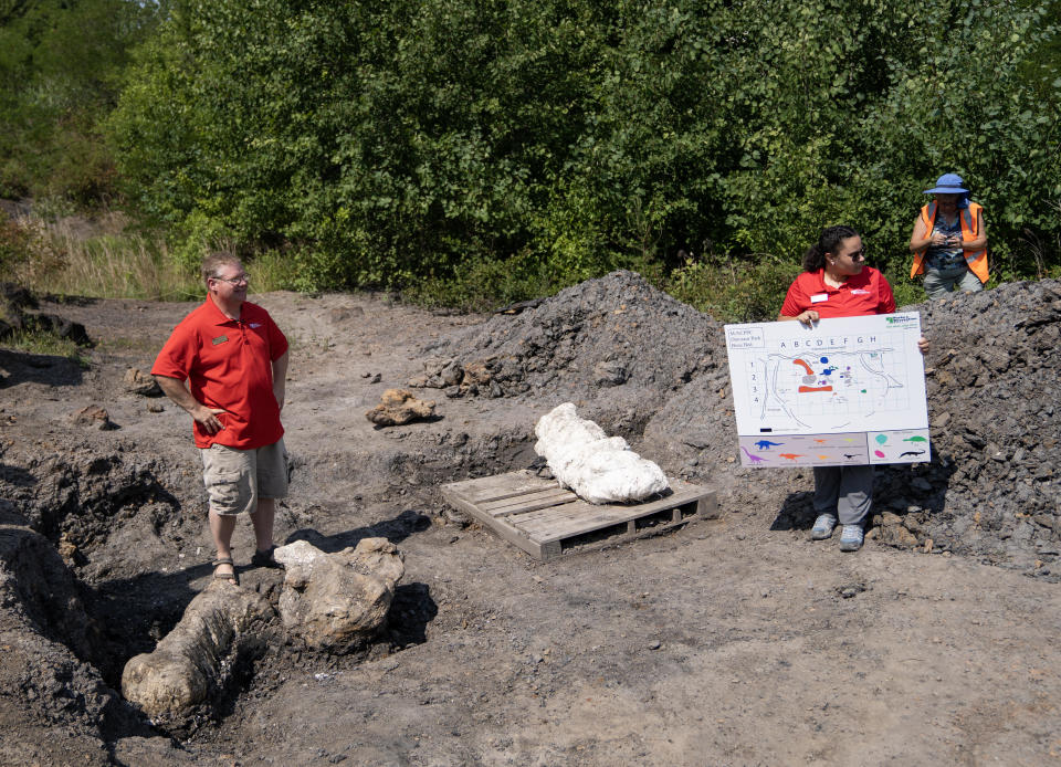 Dinosaur Park staff at the site of a bone bed on Tuesday, July 12, 2023 at the Dinosaur Park in Laurel, Maryland. The bone bed is the first of its kind found in Maryland since 1887. / Credit: Minh Connors/The Washington Post via Getty Images