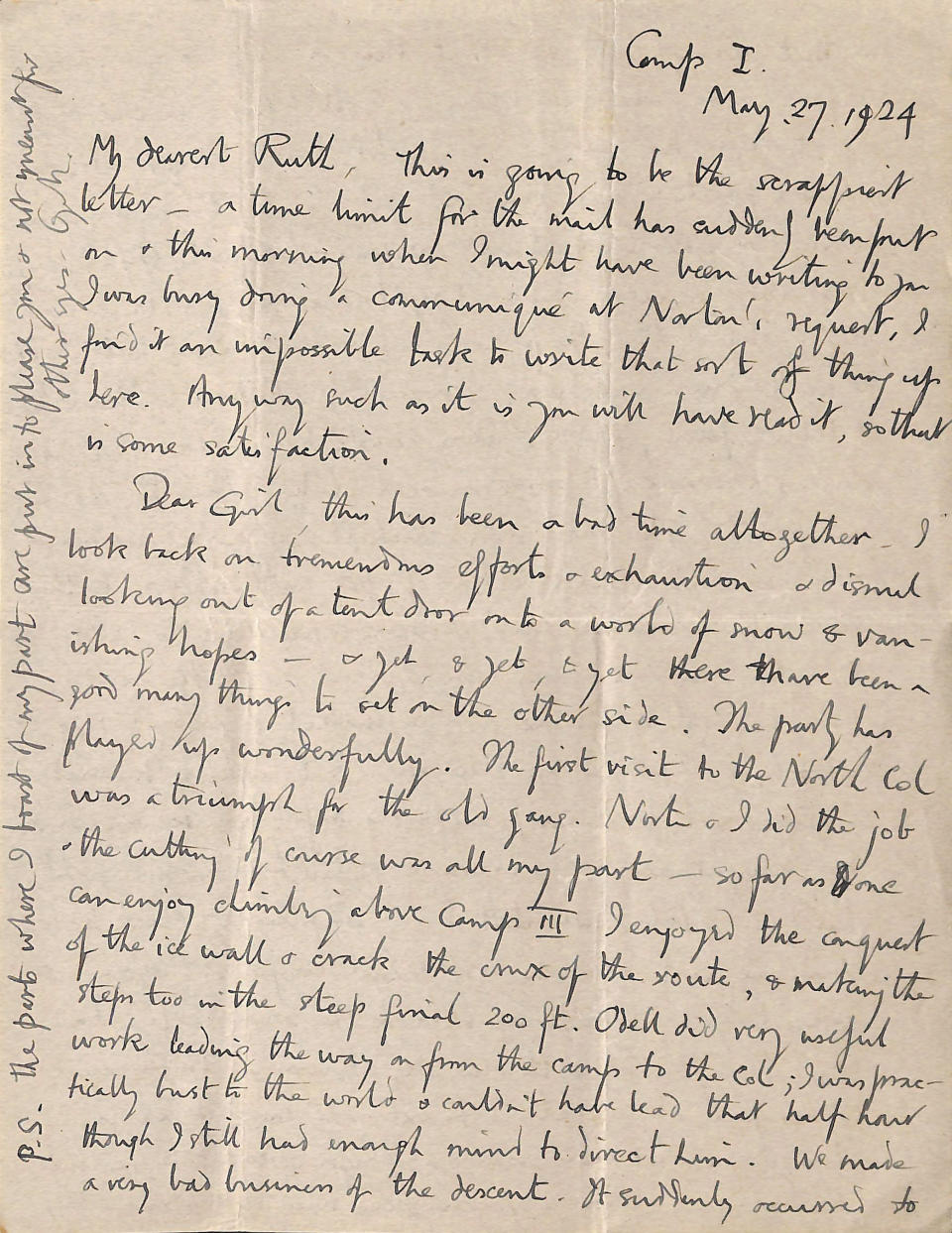 This is an undated photo provided by Magdalene College Cambridge on Monday, April 22, 2024 of part of the final letter that mountaineer George Mallory wrote to his wife before he vanished on Mount Everest a century ago. The letter has been digitalized. The letter was published on Monday by Mallory's Cambridge University college. In it, he tried to ease her worries though he said his chances of reaching the world’s highest peak were “50 to 1 against us.” (Reproduced with Permission of the Master and Fellows of Magdalene College, Cambridge via AP)