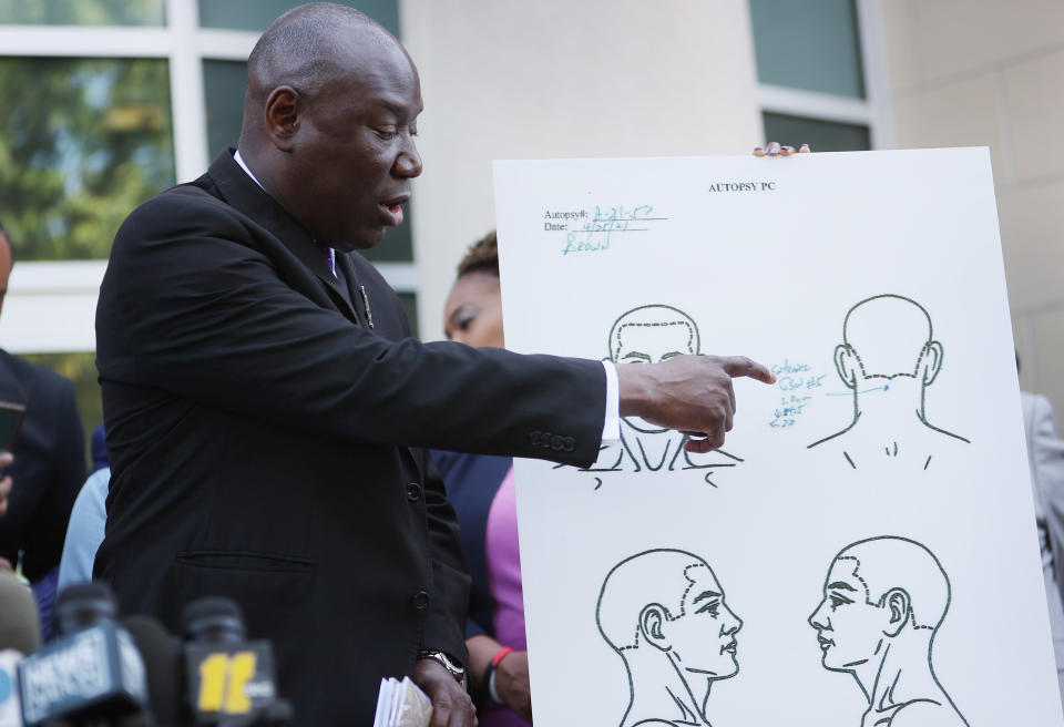 Benjamin Crump, one of the lawyers representing the family of Andrew Brown Jr., points to an image from an autopsy that his team released in Elizabeth City, N.C., Tuesday. (Photo by Joe Raedle/Getty Images)