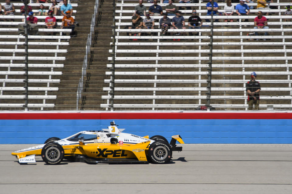 Scott McLaughlin completes another lap during the NTT IndyCar Series XPEL 375 at Texas Motor Speedway in Fort Worth, Texas, on Sunday, March 20, 2022. (AP Photo/Randy Holt)