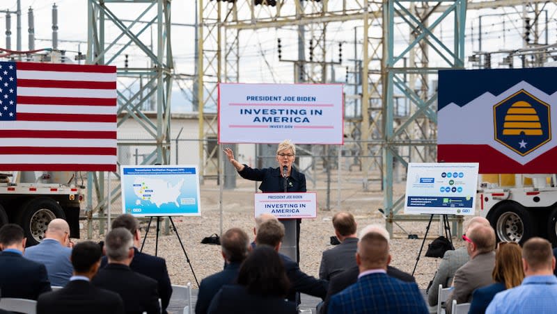 U.S. Department of Energy Secretary Jennifer M. Granholm  speaks at an electric substation in South Salt Lake on Thursday, April 25, 2024. Granholm highlighted the Biden-Harris administration’s latest efforts to strengthen America’s electric grid, boost clean energy deployment, and support good-paying, high-quality jobs in Utah and across the nation.