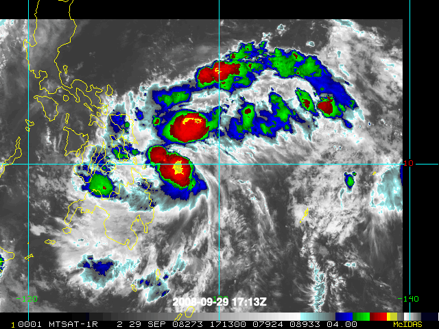 Enhanced infrared imagery loop of Tropical Storm Higos over the Philippines beginning on Sept. 29, 2008. (NOAA/NESDIS/StAR/CoRP/RAMMB)