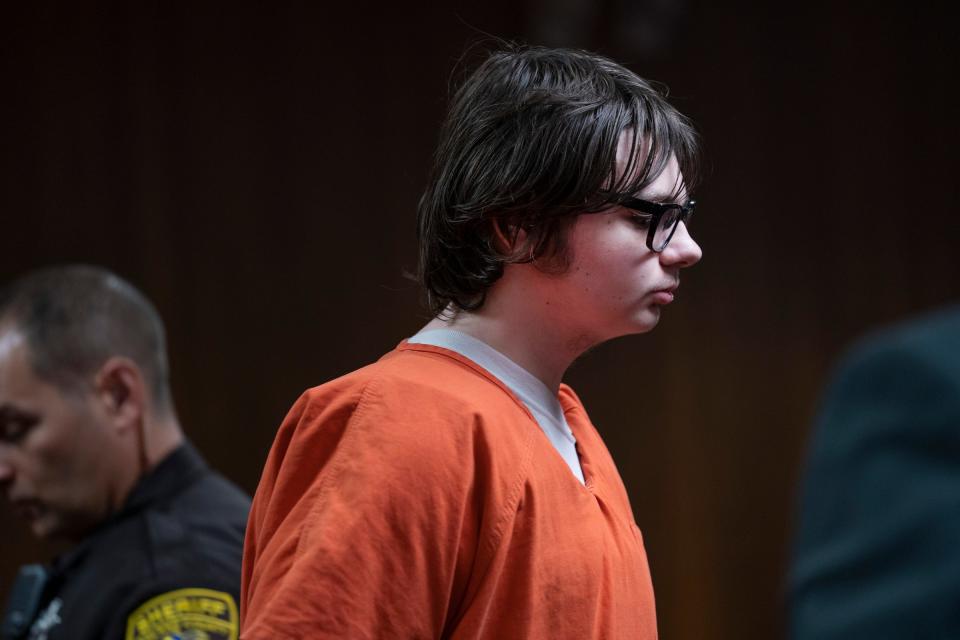 Ethan Crumbley appears in the Oakland County courtroom of Kwame Rowe on Friday, Aug. 18, 2023, in Pontiac, Mich. The Oakland County Prosecutors are making their case that Crumbley, a teenager, should be sentenced to life without parole for killing four students at Oxford High School in 2021.