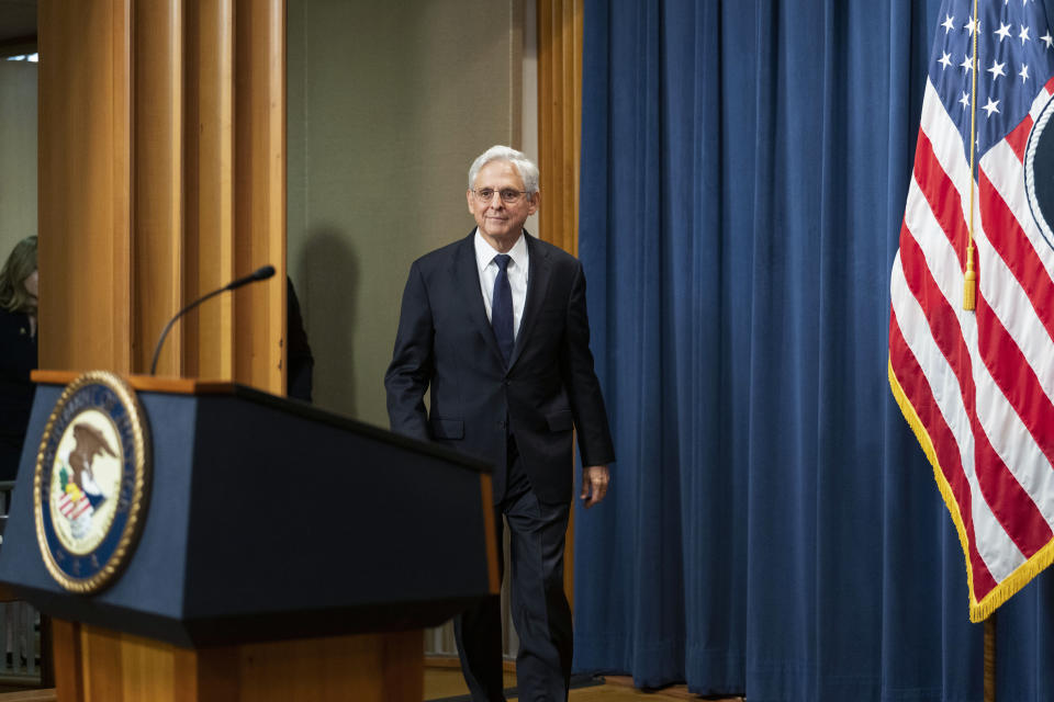 Attorney General Merrick Garland walks to the podium at a press conference to announce arrests and disruptions of the fentanyl precursor chemical supply chain on Friday, June 23, 2023 in Washington. (AP Photo/Kevin Wolf)