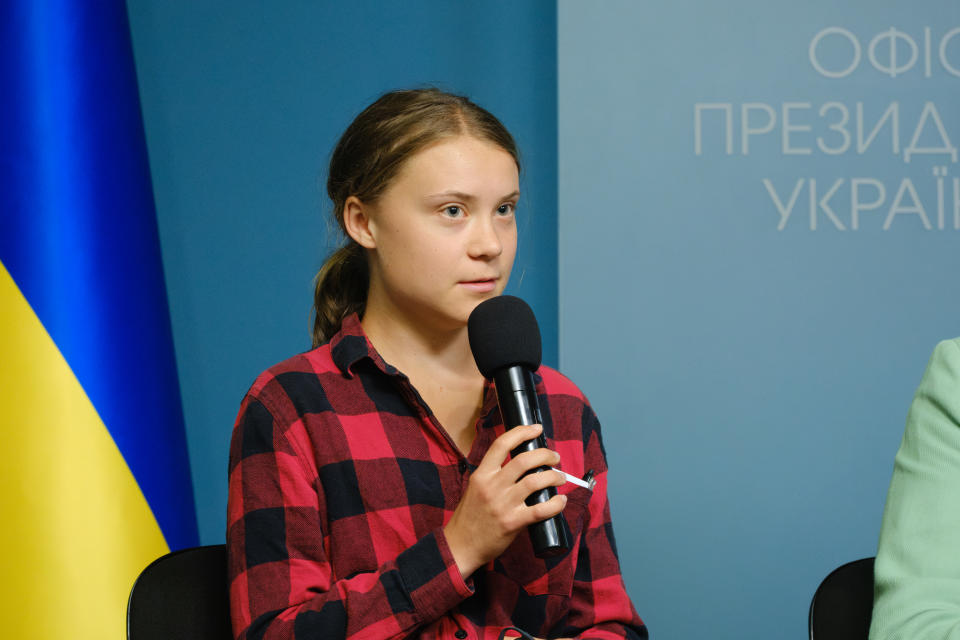 KYIV, UKRAINE – JUNE 29: Swedish climate activist Greta Thunberg takes part in a press conference on June 29, 2023 in Kyiv, Ukraine. (Photo by Vitalii Nosach/Global Images Ukraine via Getty Images)
