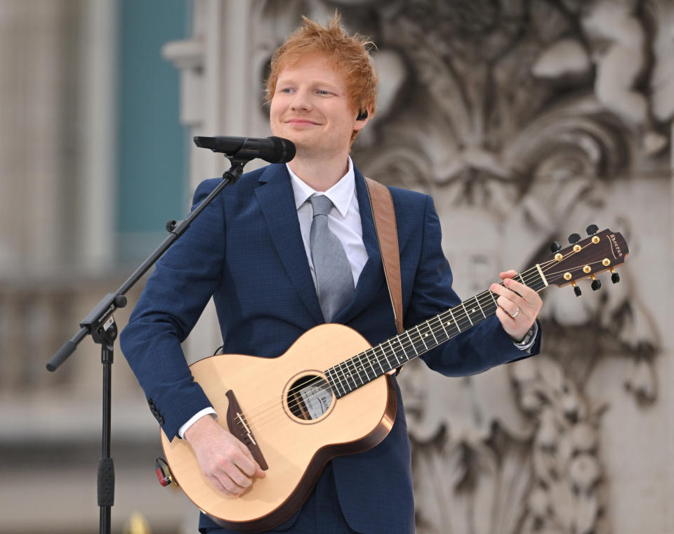 Ed Sheeran performs during the Platinum Pageant on June 05, 2022 in London, England. The Platinum Jubilee of Elizabeth II is being celebrated from June 2 to June 5, 2022, in the UK and Commonwealth to mark the 70th anniversary of the accession of Queen Elizabeth II on 6 February 1952. (Photo by Karwai Tang/WireImage)