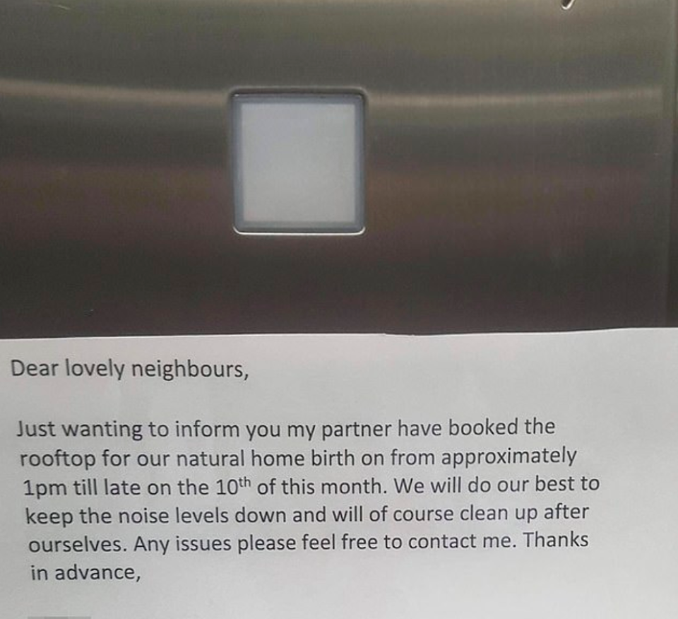 An expectant mum has angered her neighbours after ‘booking’ her shared rooftop for her home birth, with one of them taking to social media to vent her fury. Source: Facebook