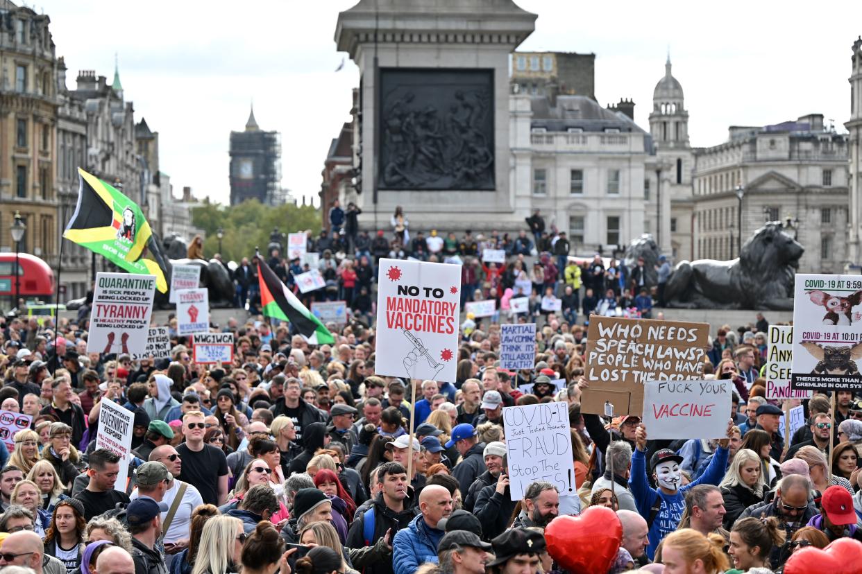 Protesters gather in Trafalgar Square in London on September 26, 2020, at a 'We Do Not Consent!' mass rally against vaccination and government restrictions designed to fight the spread of the novel coronavirus, including the wearing of masks and taking tests for the virus. (Photo by JUSTIN TALLIS / AFP) (Photo by JUSTIN TALLIS/AFP via Getty Images)