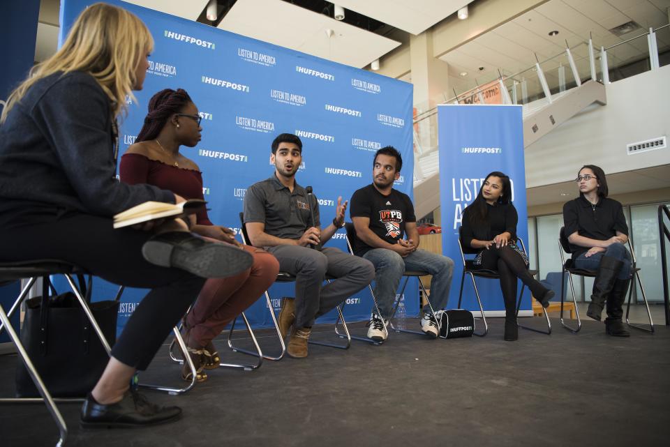 Moderator Louise Roug, along with participants Shaneka Gillespie, Arslan Rozyyev, Jefember Villela, Petra Reyes and Bernadette Adkins take part in a talk at the University of Texas of the Permian Basin on Oct. 25, 2017. HuffPost is visiting the city as part of "Listen To America: A HuffPost Road Trip."&nbsp;HuffPost will visit more than 20 cities on its tour across the country.