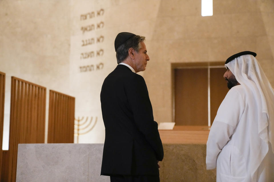 U.S. Secretary of State Antony Blinken tours the Moses Ben Maimon Synagogue at the Abrahamic Family House, in Abu Dhabi, United Arab Emirates, Saturday Oct. 14, 2023. (AP Photo/Jacquelyn Martin, Pool)