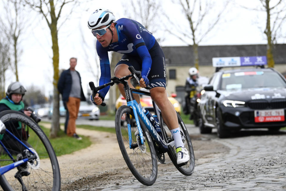 WAREGEM BELGIUM  MARCH 29 Oier Lazkano Lopez of Spain and Movistar Team competes in the breakaway during the 77th Dwars Door Vlaanderen 2023  Mens Elite a 1837km one day race from Roeselare to Waregem  DDV23  on March 29 2023 in Waregem Belgium Photo by Tim de WaeleGetty Images