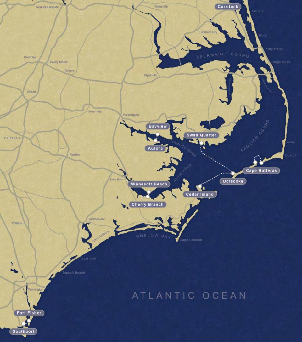 A map of the state's seven coastal ferry routes. The Southport-Fort Fisher route is the most southerly of the routes, with the other centered around the Outer Banks.