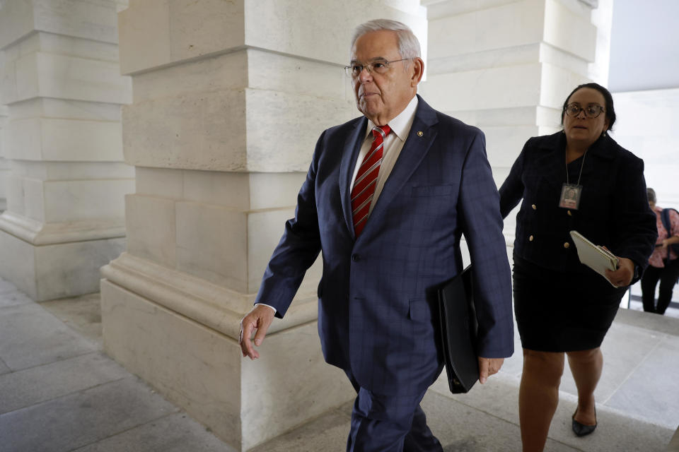 Sen. Bob Menendez  arrives at the Capitol ahead of a Democratic caucus meeting on Sept. 28, 2023 in Washington, D.C. / Credit: Getty Images