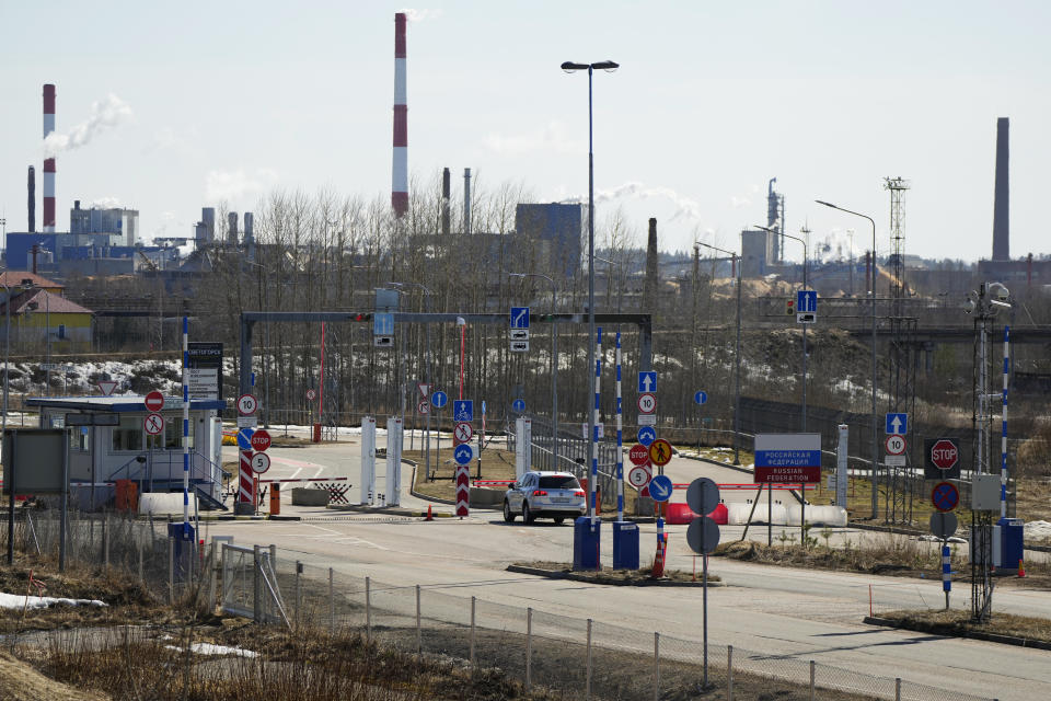 A view of Russian border crossing point Svetogorsk from Pelkola border crossing point in Imatra, south-eastern Finland, Friday, April 14, 2023. (AP Photo/Sergei Grits)