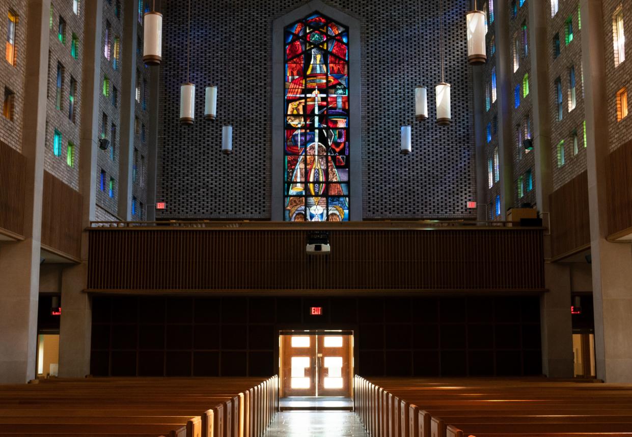 Benton Chapel, dedicated in 1959, at Vanderbilt University Divinity School, Thursday, July 6, 2023. "The Word of God" window is south-facing to allow the longest exposure to the sun to illuminate it.