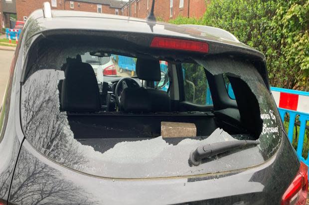 The rear window of the car that was allegedly smashed