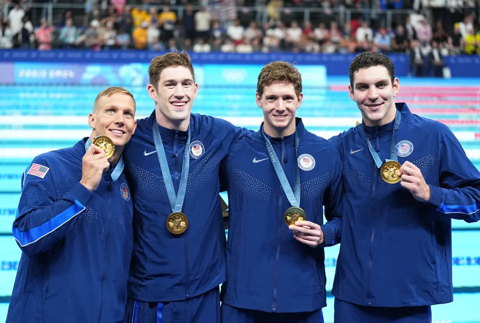 The U.S. men's 4x100m free relay team, from L-R: Caeleb Dressel, Hunter Armstrong, Chris Guiliano and Jack Alexy. (Michael Kappeler/picture alliance via Getty Images)