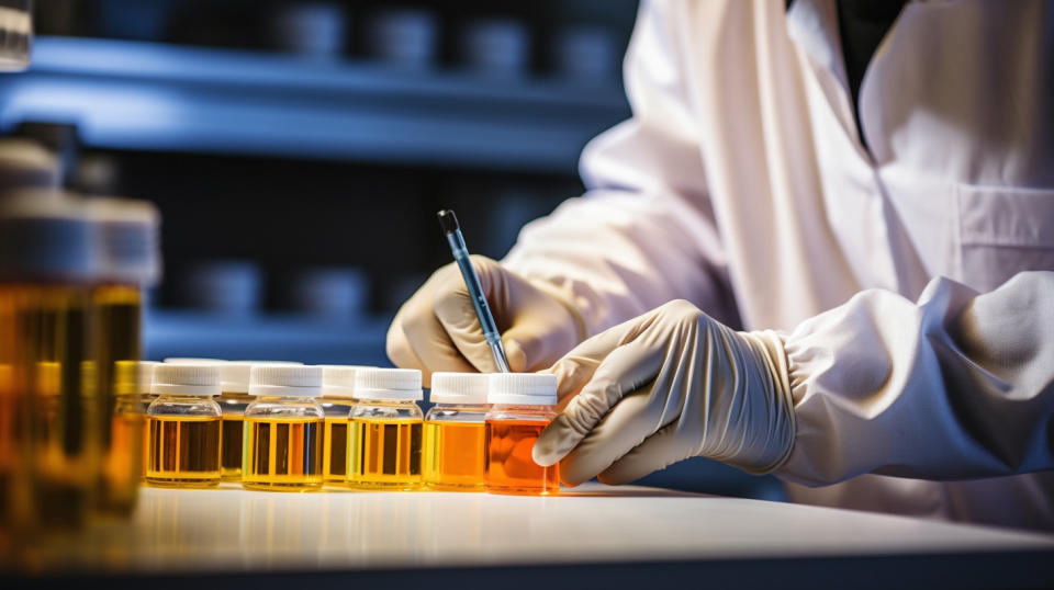 A technician performing quality checks on a range of specialty chemicals.