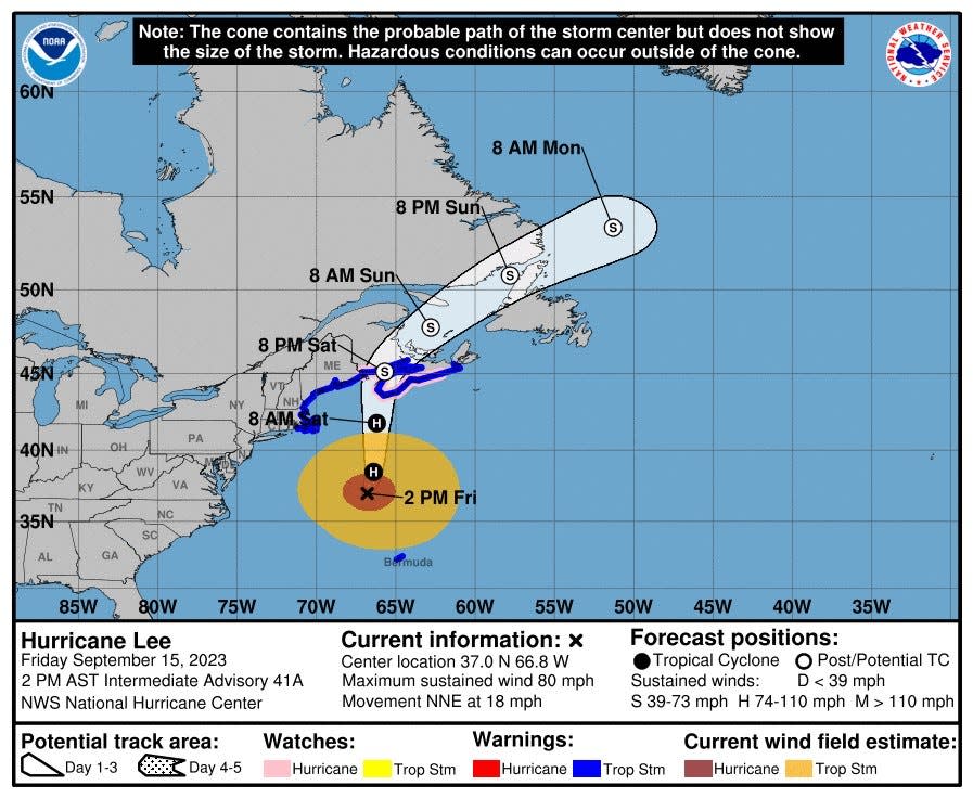 The National Hurricane Center's forecast cone for the storm center of Hurricane Lee, issued at 2 p.m. on Sept. 15, 2023.