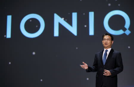 FILE PHOTO: Hyundai Motor Group vice chairman Kwon Moon-sik speaks during unveiling ceremony for their first hybrid car IONIQ in Seoul, South Korea, January 14, 2016. REUTERS/Kim Hong-Ji