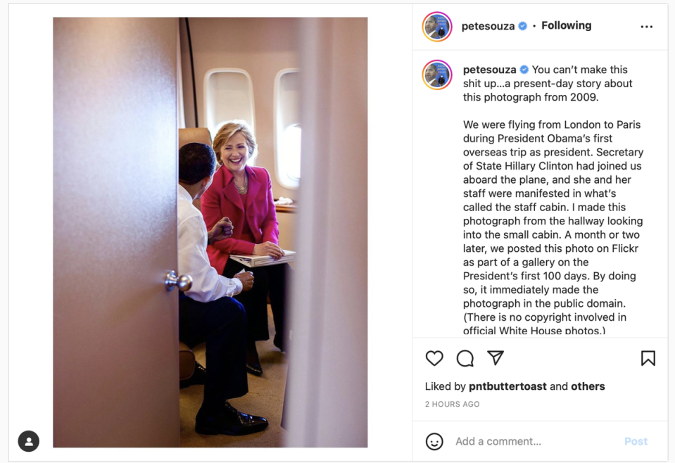 El exfotógrafo de la Casa Blanca, Pete Souza, dice que está siendo amenazado con acciones legales por una de sus propias imágenes (Pete Souza/Instagram)
