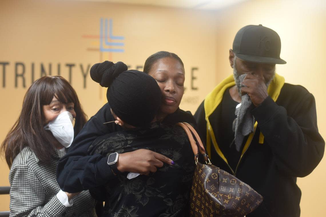 Aisha Johnson, center, spent time with family, friends, faith leaders and fellow members of Trinity Temple Church of God in Christ on Thursday amid an effort to bring increased public awareness to the case of Era’Shae Johnson, 23, who was fatally shot in Kansas City on Oct. 17, and other Black women affected by violence across the metro. Era’Shae Johnson was Aisha Johnson’s daughter.