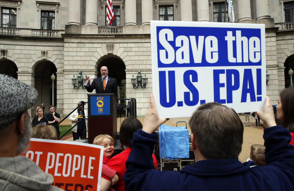 Rep. Dan Kildee, D-Mich., speaks about EPA Administrator Scott Pruitt and the state of the EPA during a protest by the American Federation of Government Employees on April 25, 2018, in Washington. (Photo: Alex Brandon/AP)