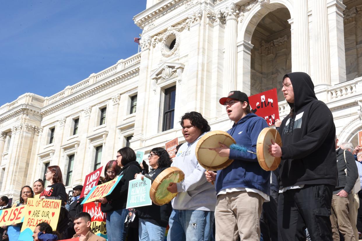 Climate and Indigenous rights activists gathered on the steps of the Capitol for the Rise and Repair Lobby Day in St. Paul, Minn. on March 12, 2024.