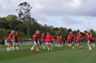 Norway players take part in drills during a team practice at Seddon Fields in Auckland, New Zealand, Wednesday, July 19, 2023. (AP Photo/Abbie Parr)