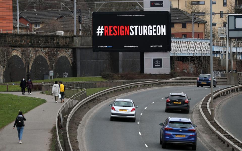 A digital billboard near the Clydeside Expressway in Glasgow showing the words #ResignSturgeon, during the launch of the #ResignSturgeon campaign, run by the The Majority, with the support of Scotland Matters - PA