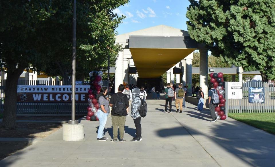 Balloons and banners greet students at Hanshaw Middle School on the first day of school for Modesto City Schools, Monday, Aug. 8, 2022.