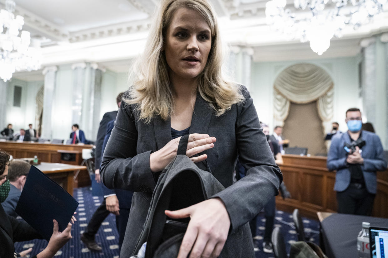 WASHINGTON, DC - OCTOBER 5: Former Facebook employee and whistleblower Frances Haugen departs during a break as she testify at a Senate Committee on Commerce, Science, and Transportation hearing entitled 'Protecting Kids Online: Testimony from a Facebook Whistleblower' on Capitol Hill, October 05, 2021 in Washington, DC. Haugen left Facebook in May and provided internal company documents about Facebook to journalists and others, alleging that Facebook consistently chooses profit over safety. (Photo by Jabin Botsford-Pool/Getty Images)