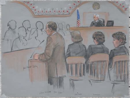 A courtroom sketch shows Assistant U.S. Attorney William Weinreb (L) delivering his opening statement in the trial of accused Boston Marathon bomber Dzhokhar Tsarnaev (2nd R) at the federal courthouse in Boston, Massachusetts March 4, 2015. REUTERS/Jane Flavell Collins