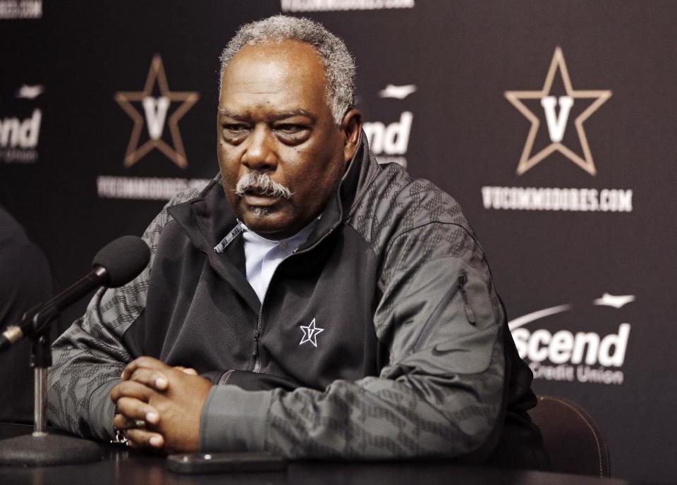 Vanderbilt athletic director David Williams answers questions on Saturday, Jan. 11, 2014, in Nashville, Tenn. Vanderbilt head football coach James Franklin has accepted the same position at Penn State. (AP Photo/Mark Humphrey)