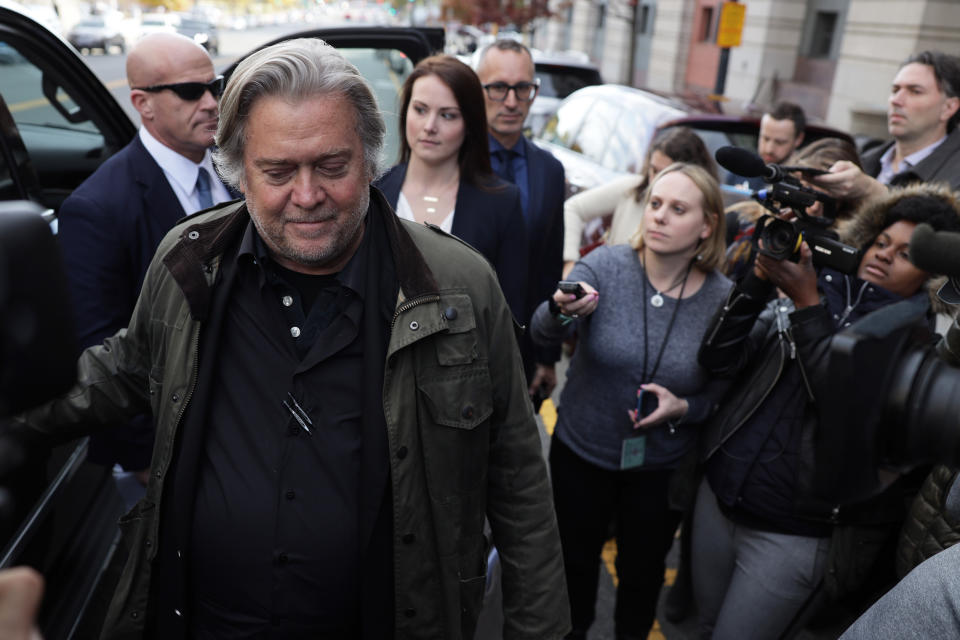 WASHINGTON, DC - NOVEMBER 08:  Former White House senior counselor to President Donald Trump Steve Bannon leaves the E. Barrett Prettyman United States Courthouse after he testified at the Roger Stone trial November 8, 2019 in Washington, DC. Stone has been charged with lying to Congress and witness tampering.  (Photo by Alex Wong/Getty Images)