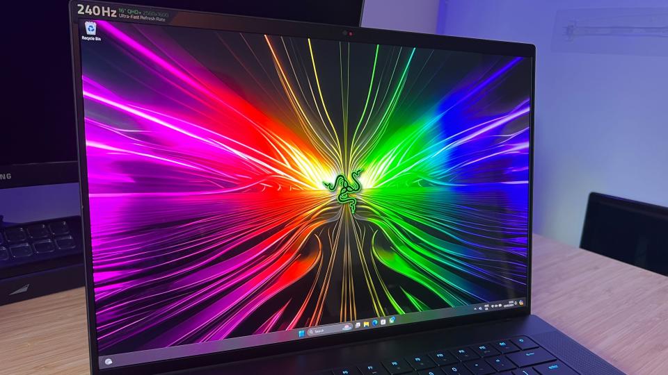 Razer Blade 16 gaming laptop close up on display