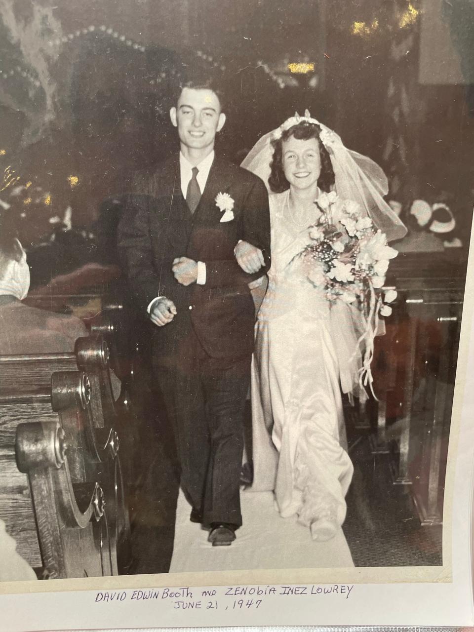 David and Zenobia “Zib” Booth at their wedding on June 21, 1947. The couple met at Knoxville High School and celebrated their nuptials 75 years later in the same building, Knoxville High Senior Living.