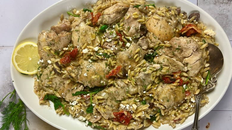 chicken and orzo on plate