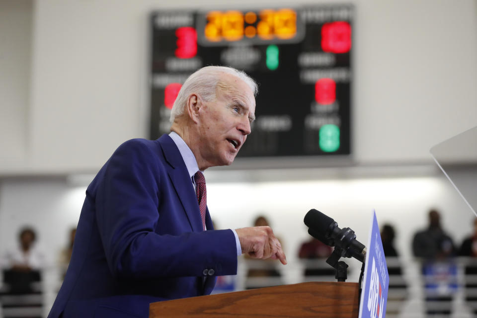 FILE - In this March 9, 2020, file photo, Democratic presidential candidate former Vice President Joe Biden speaks during a campaign rally at Renaissance High School in Detroit. The “veepstakes” competition that unfolds every four years is one of the most unpredictable, often awkward, rituals of politics. That’s especially true this time as the pandemic has overtaken the presidential campaign, forcing those thought to be in the running for the No. 2 spot to be even more creative in getting noticed. (AP Photo/Paul Sancya, File)