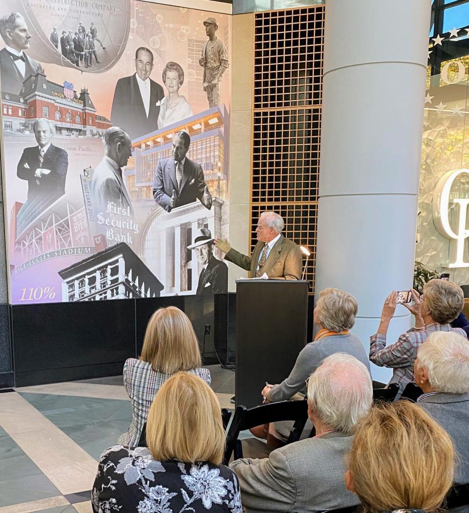 Spencer F. Eccles speaks at the unveiling of the Eccles family mural in the Wells Fargo Building in downtown Salt Lake City on Nov. 14, 2023. | Lee Benson, Deseret News