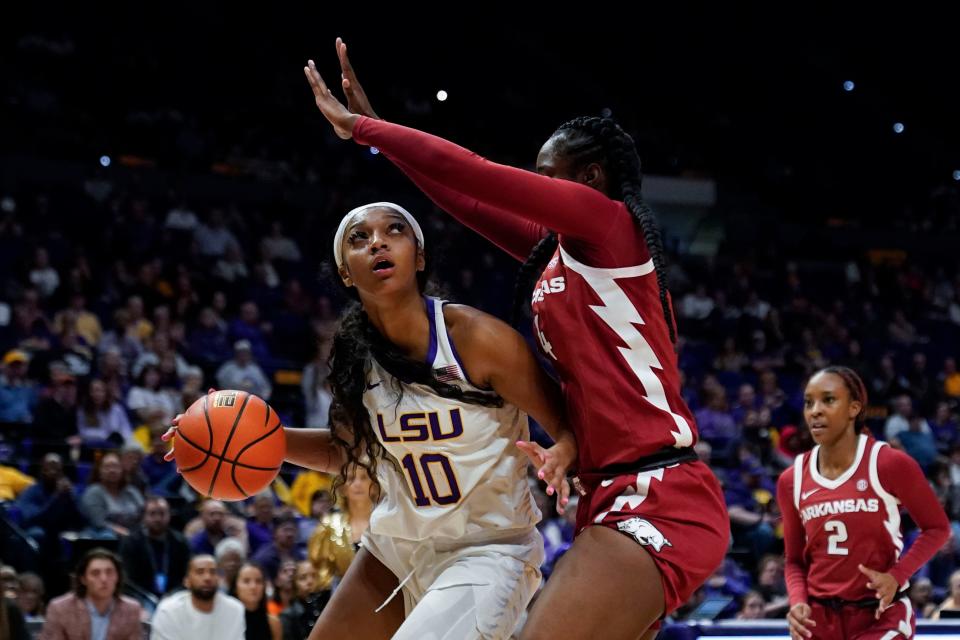 LSU's Angel Reese (10) leads the SEC in points and rebounds per game in conference matchups.